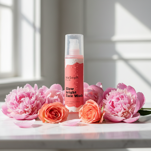 Glow Bright Face Wash with coral floral elements