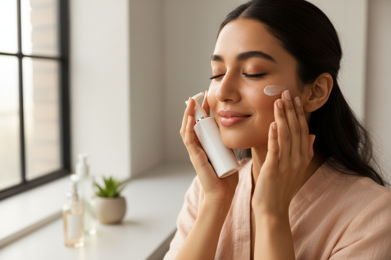A pakistini ethnicity girl, applying skin care product