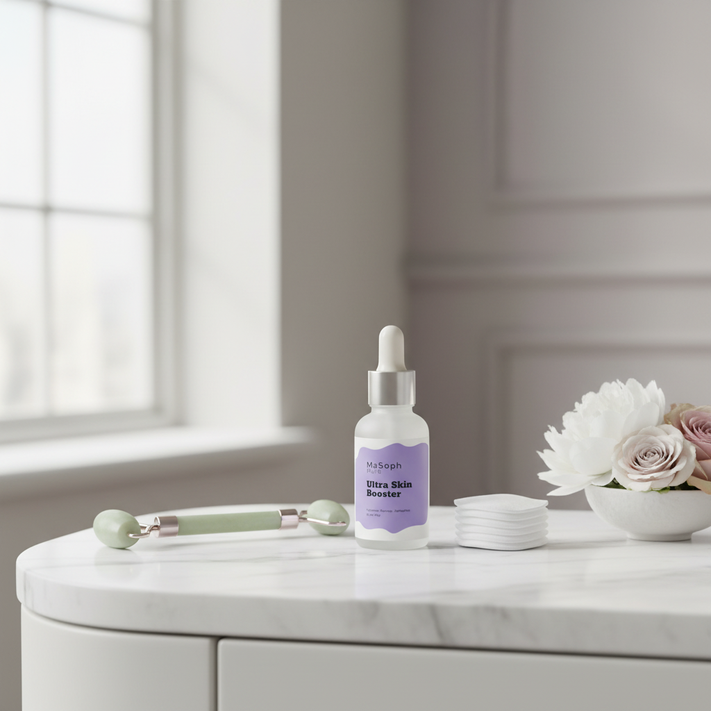 Ultra Skin Booster serum on minimalist vanity