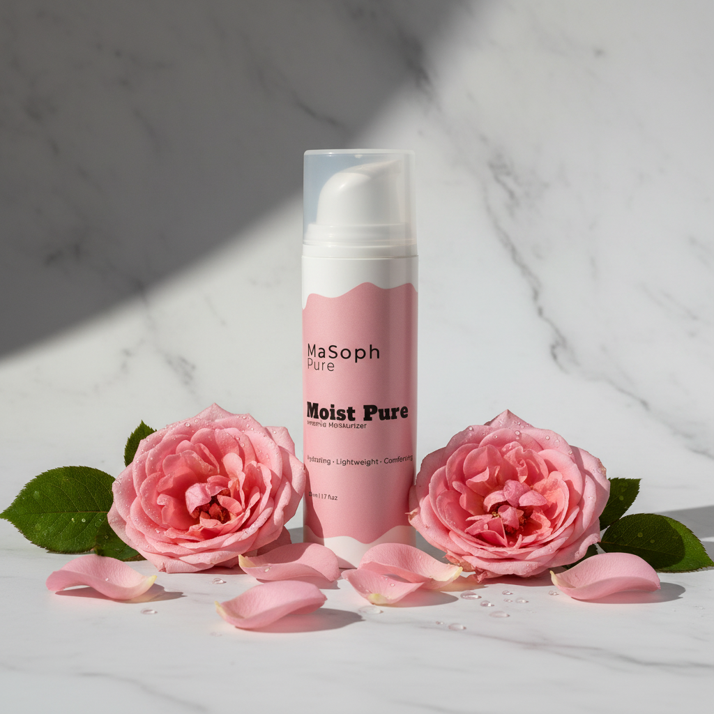 Moist Pure with pink roses and dewdrops