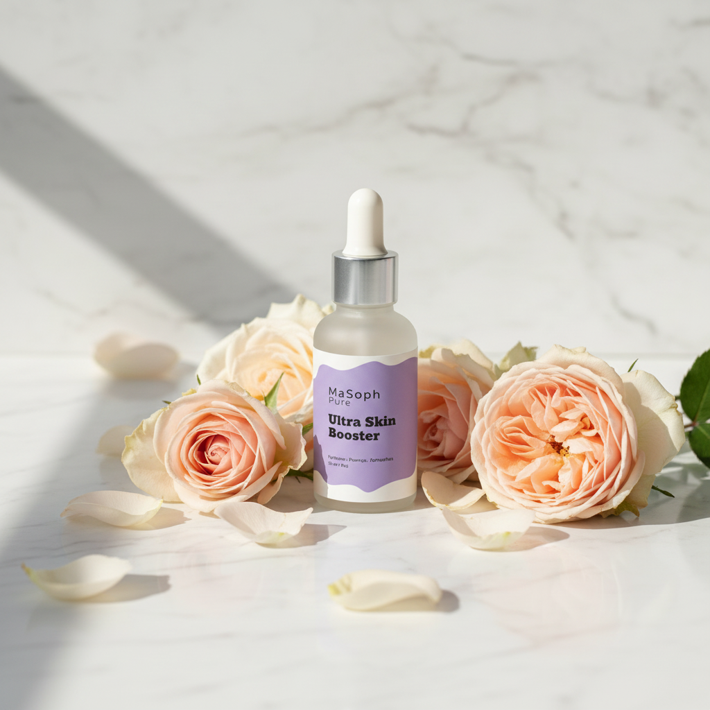 Ultra Skin Booster serum with roses on marble