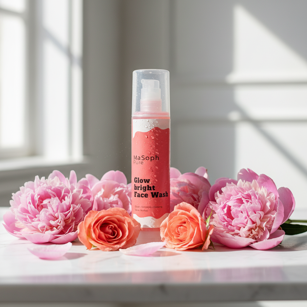 Glow Bright Face Wash with coral floral elements