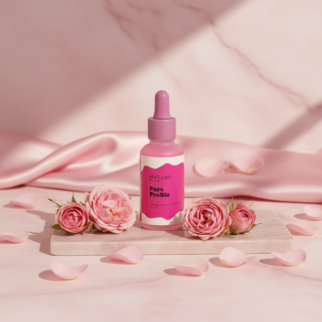 Pure ProBio serum with pink roses on marble